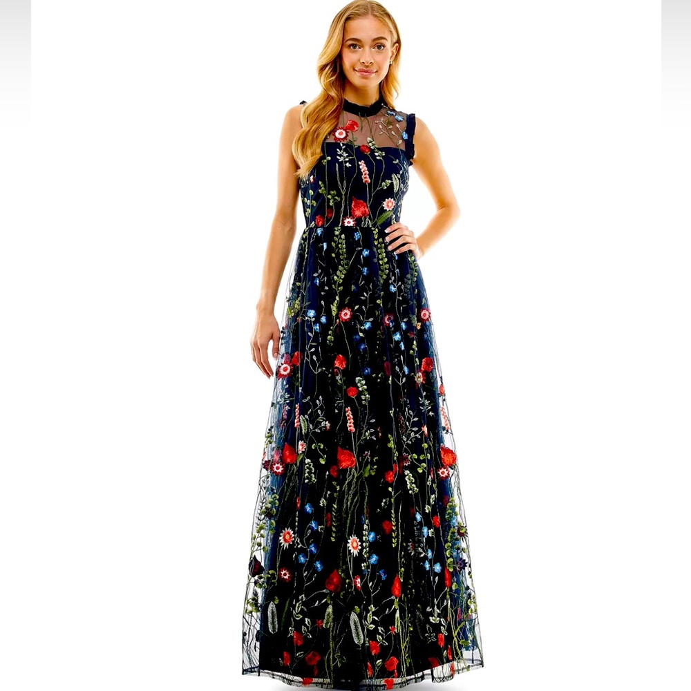 City Studios Embroidered Floral Ruffle Gown
